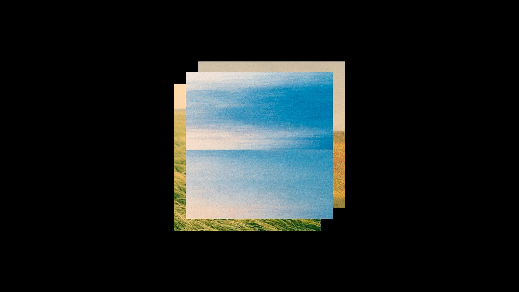 Three offset panels of the same photograph layered on black: a pale blue sky above a strip of green grass, the panels shifted so the horizon repeats slightly out of alignment