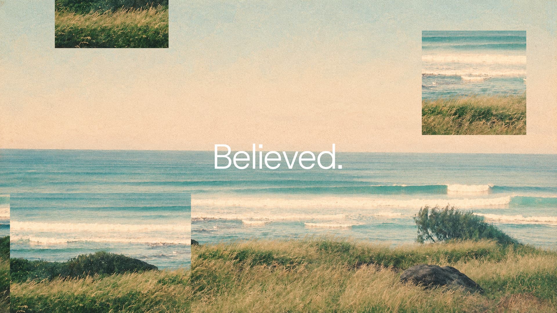 A coastline overlaid with torn fragments of the same scene, captioned Believed, illustrating an answer accepted without being checked